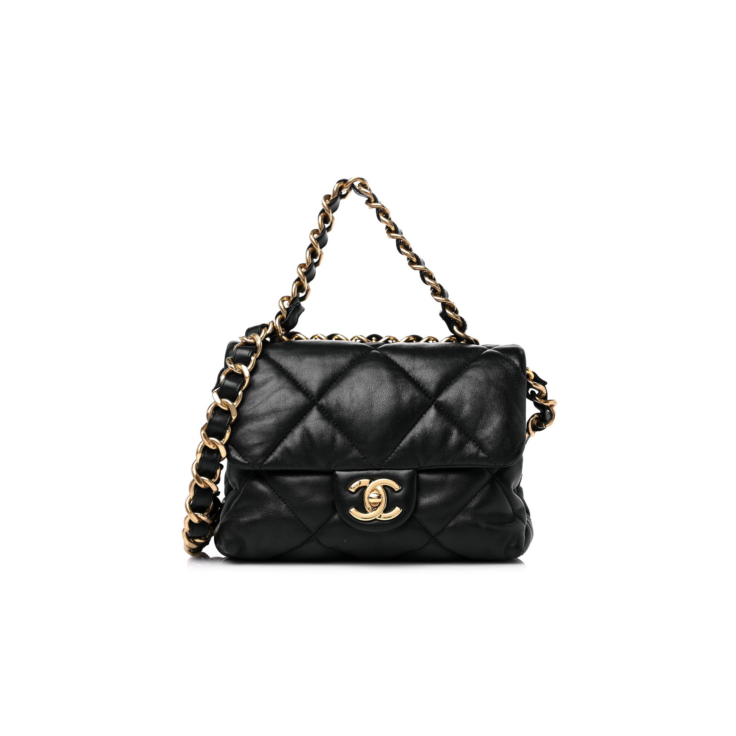 CHANEL LAMBSKIN QUILTED CHAIN TOP HANDLE FLAP BLACK GOLD HARDWARE (19*18*3cm) CHANEL LAMBSKIN QUILTED CHAIN TOP HANDLE FLAP BLACK GOLD HARDWARE (19*18*3cm)