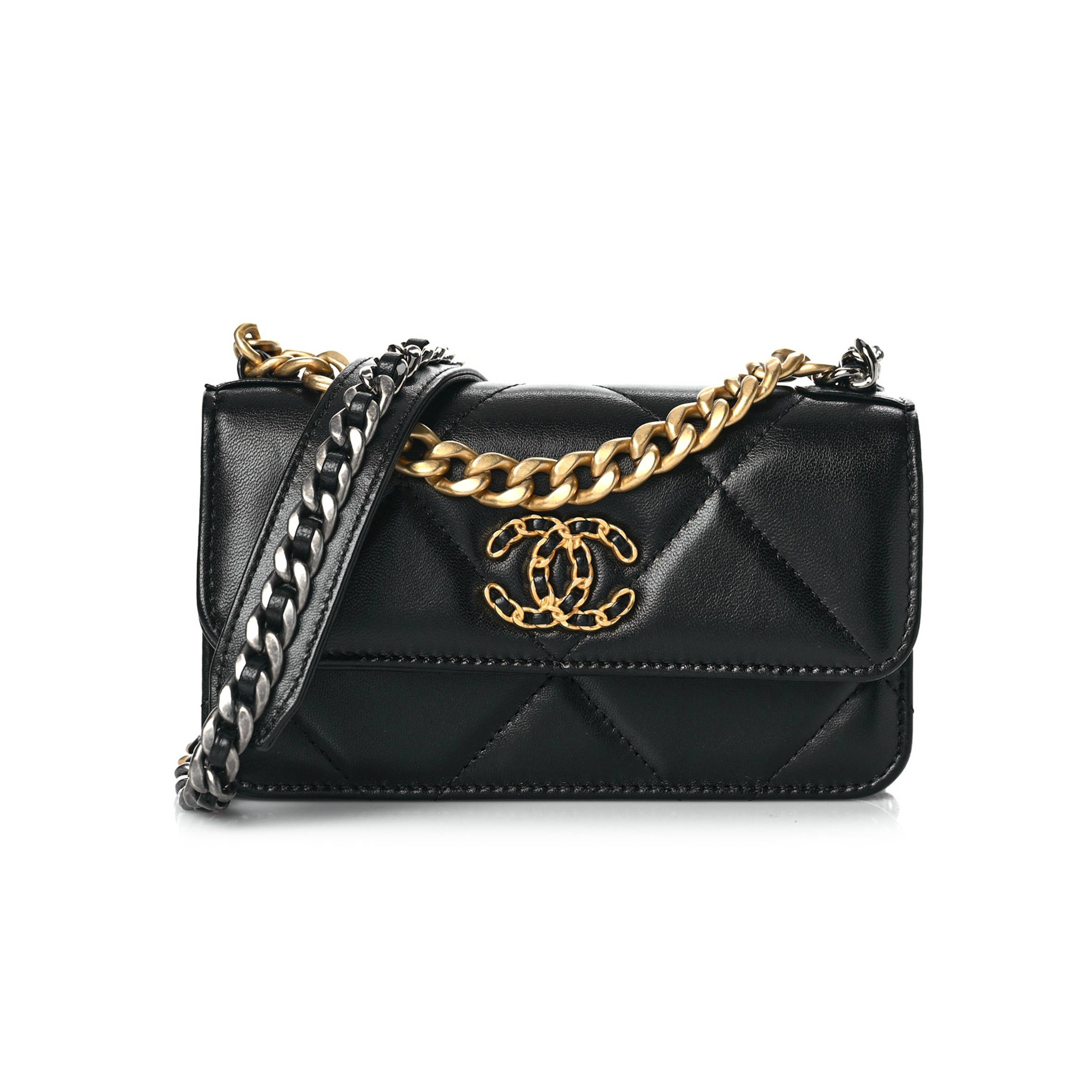 CHANEL LAMBSKIN QUILTED CHANEL 19 FLAP PHONE HOLDER WITH CHAIN BLACK GOLD HARDWARE (17*10*4cm) CHANEL LAMBSKIN QUILTED CHANEL 19 FLAP PHONE HOLDER WITH CHAIN BLACK GOLD HARDWARE (17*10*4cm)