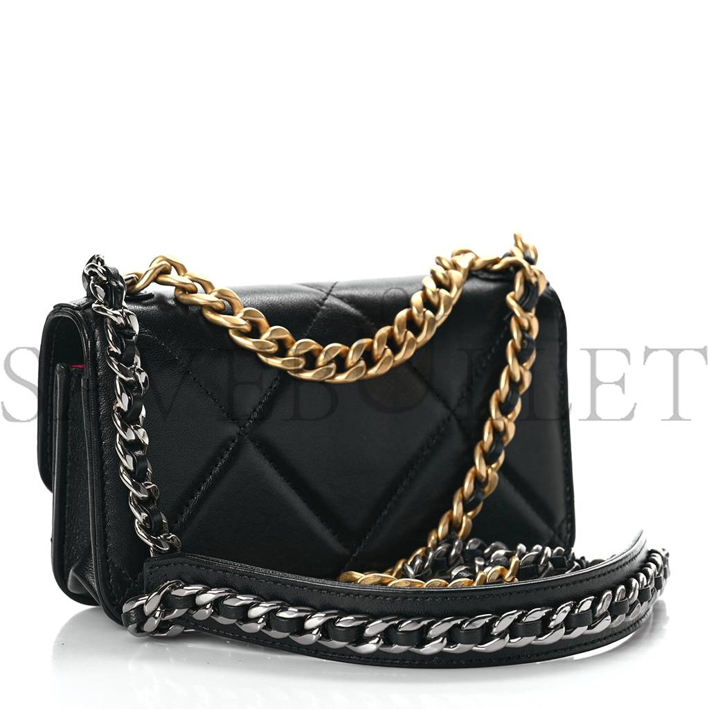 CHANEL LAMBSKIN QUILTED CHANEL 19 FLAP PHONE HOLDER WITH CHAIN BLACK GOLD HARDWARE (17*10*4cm) CHANEL LAMBSKIN QUILTED CHANEL 19 FLAP PHONE HOLDER WITH CHAIN BLACK GOLD HARDWARE (17*10*4cm)