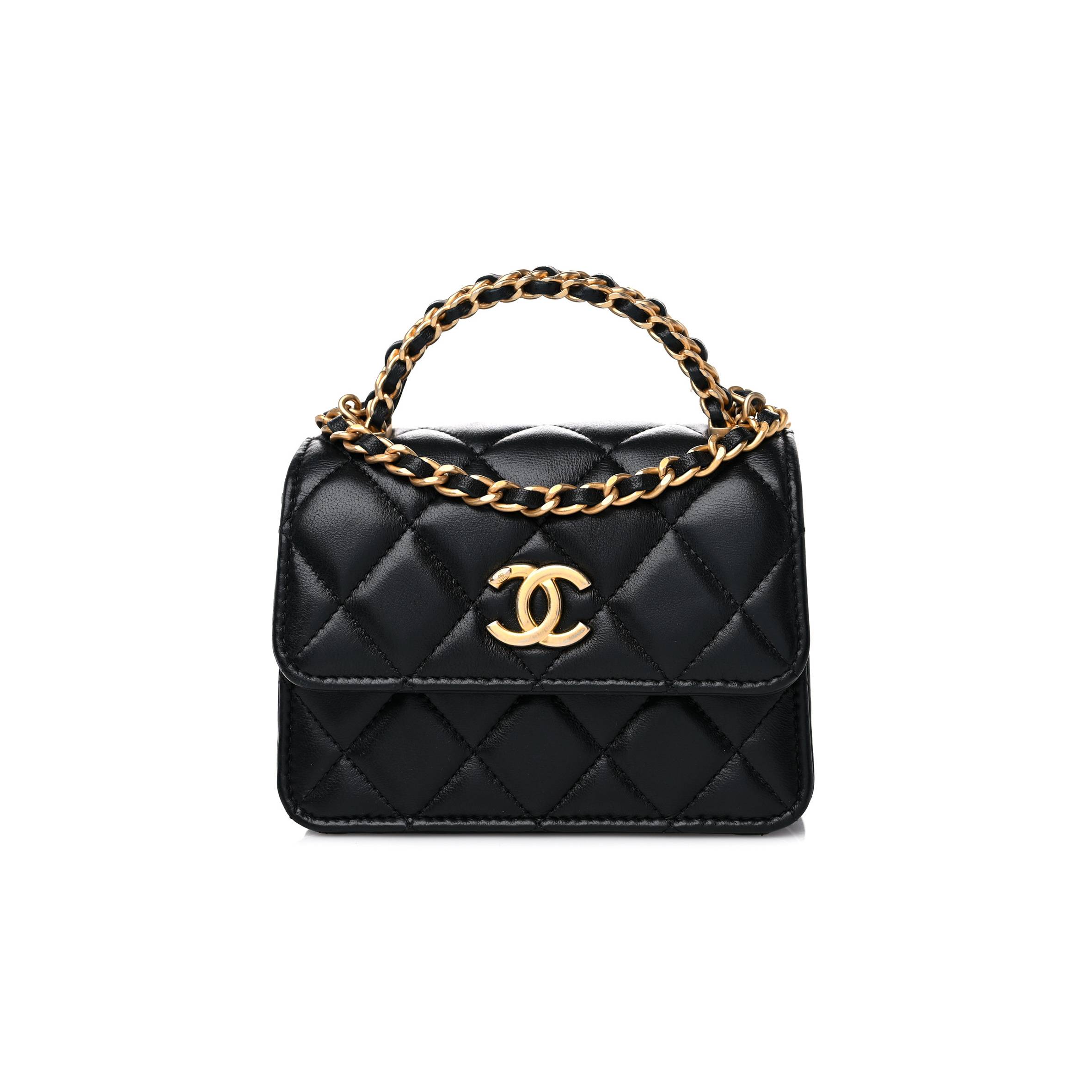 CHANEL LAMBSKIN QUILTED CHAIN TOP HANDLE CLUTCH WITH CHAIN BLACK GOLD HARDWARE (13*10*6cm) CHANEL LAMBSKIN QUILTED CHAIN TOP HANDLE CLUTCH WITH CHAIN BLACK GOLD HARDWARE (13*10*6cm)