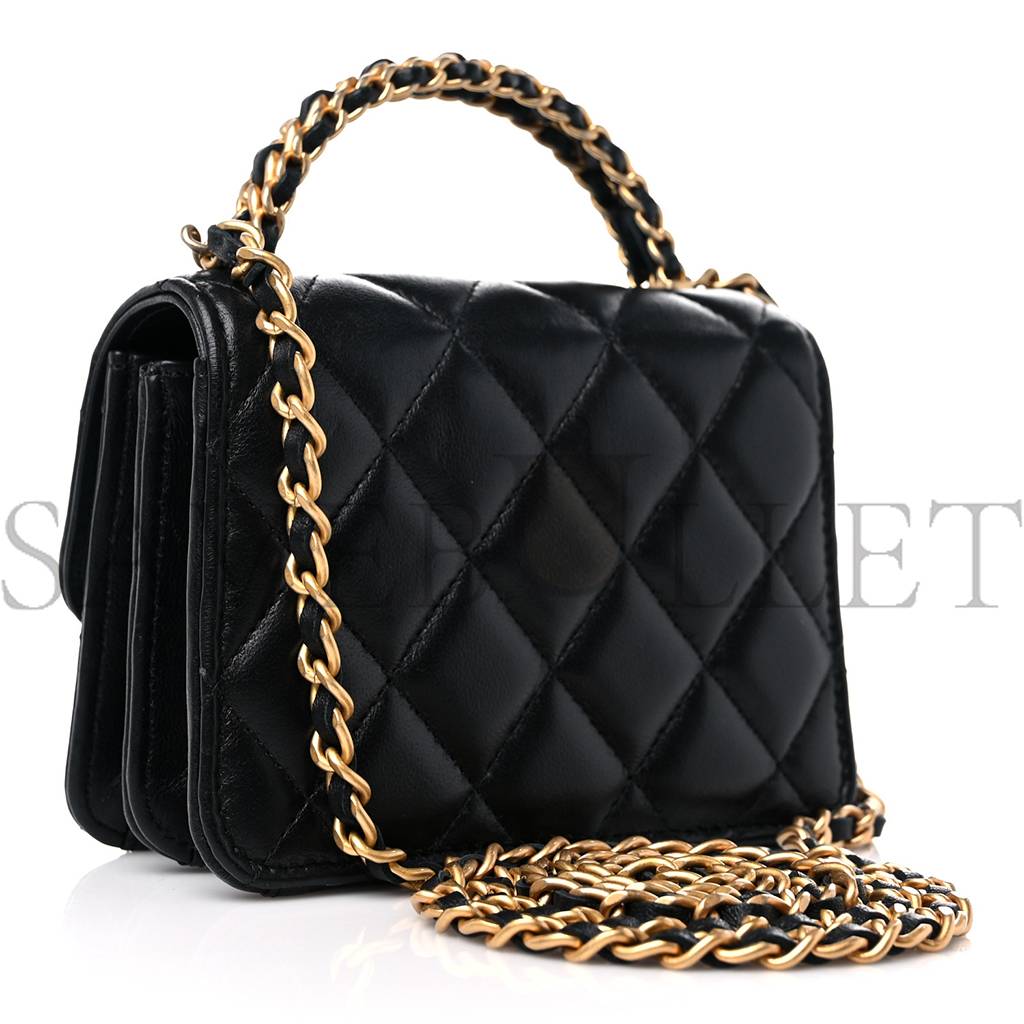 CHANEL LAMBSKIN QUILTED CHAIN TOP HANDLE CLUTCH WITH CHAIN BLACK GOLD HARDWARE (13*10*6cm) CHANEL LAMBSKIN QUILTED CHAIN TOP HANDLE CLUTCH WITH CHAIN BLACK GOLD HARDWARE (13*10*6cm)